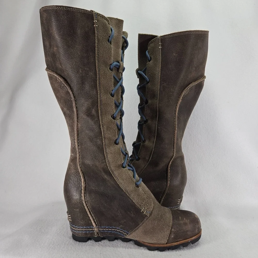 Sorel Boots Womens 9.5 Brown Gray Cate The Great Leather Hidden Wedge Waterproof